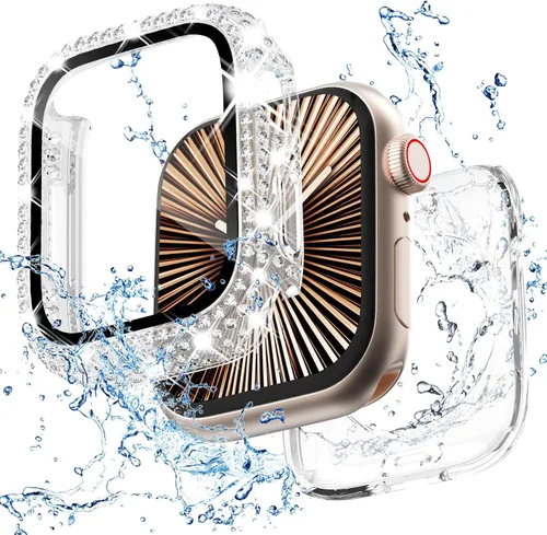 Miniatura 10 de Funda delantera y trasera, 2 en 1, brillante, impermeable, 360°, de policarbonato y protector de pantalla de vidrio para iWatch 8 y 7 de 41 mm, Negro
