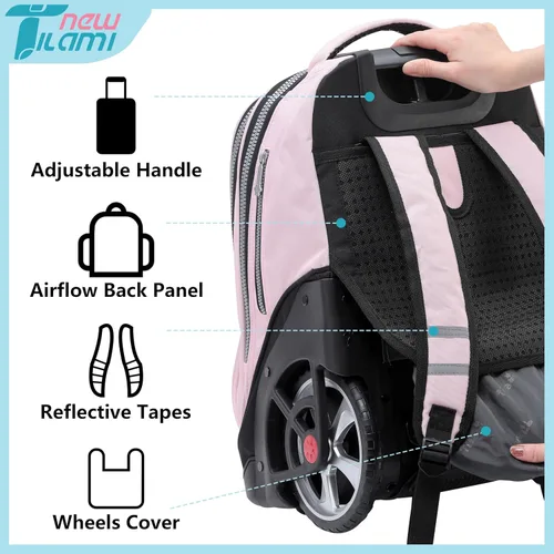 Miniatura 102 de NEW TILAMI Mochila con ruedas de 19 pulgadas con bolsa de almuerzo para niñas y niños, mochila para laptop con ruedas, bolsa de mano duradera
