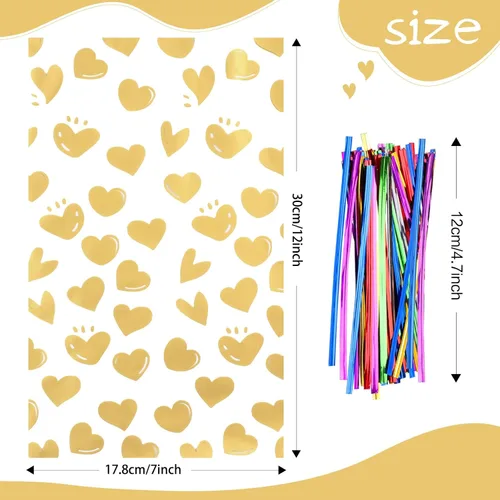 Miniatura 2 de COQOFA 100 piezas de bolsas de celofán transparentes para regalos con forma de corazón dorado de 17,78 x 30,48 cm, bolsas de fiesta, para caramelos