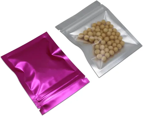 FERENLI 100 piezas Bolsa de almacenamiento de alimentos de Mylar con cierre de cremallera, parte delantera mate de aluminio con ventana, bolsa Rosado