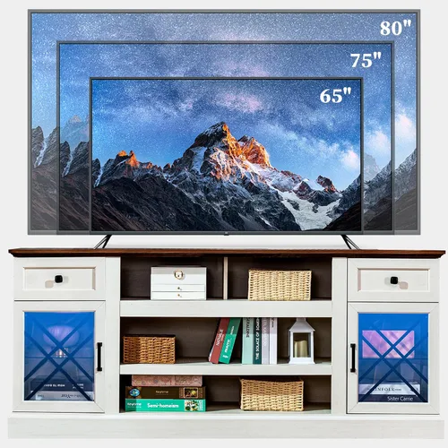 Miniatura 4 de Mesa de soporte de TV de 70 pulgadas para TV de 75/80 pulgadas, moderno centro de entretenimiento con luces LED y 2 cajones, soportes de TV