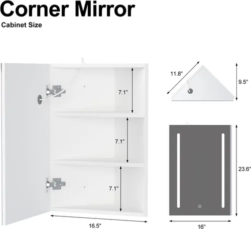 Miniatura 2 de Espejo de esquina para botiquín con luces, botiquín iluminado con espejo, gabinete de espejo LED para baño, gabinete de pared de esquina pequeño