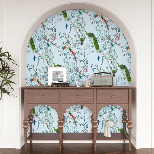 Miniatura 5 de VEELIKE Papel tapiz de pavo real azul claro para despegar y pegar, para dormitorio, sala de estar, 17.7 x 118 pulgadas, papel de pared chinoiserie