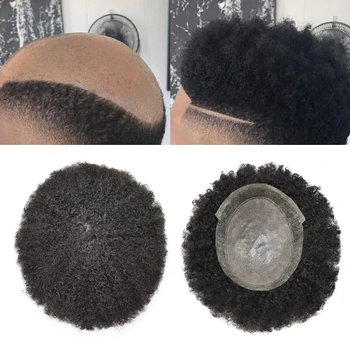 Afro Toupee para hombres negros, 100% cabello humano para hombre, unidades de cabello afro rizado, sistema de cabello afroamericano afro para