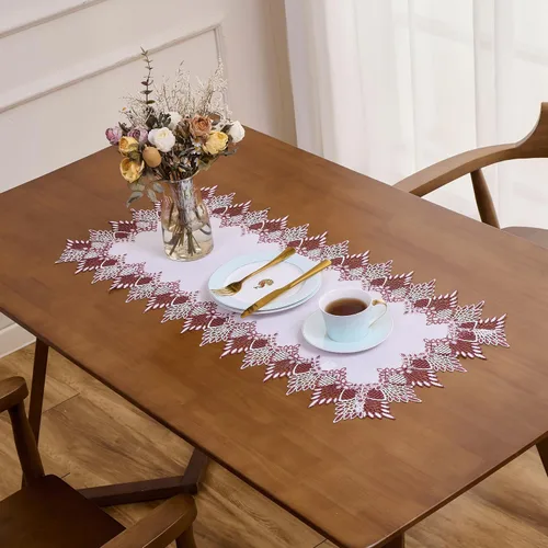Miniatura 3 de Camino de mesa de lino de encaje rojo oscuro blanco de 36 pulgadas de largo, bufanda de aparador claret, decoración de mesa para Navidad, cocina