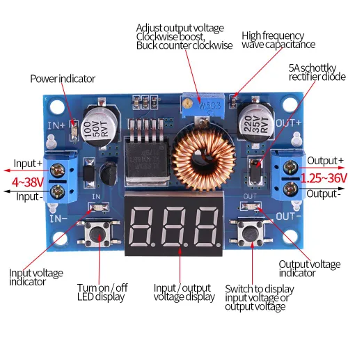 Miniatura 3 de Módulo de alimentación ajustable Convertidor DC-DC 5A 4.0V ~ 38V a 1.25V ~ 36V Regulador de voltaje para convertidor de controlador LED de alta