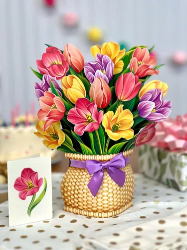 Miniatura 6 de Freshcut Paper Tarjetas Pop Up, Tulipanes Festivos, Ramo de Flores Eternas de Tamaño Real de 12 Pulgadas, Tarjeta de Felicitación Emergente 3D
