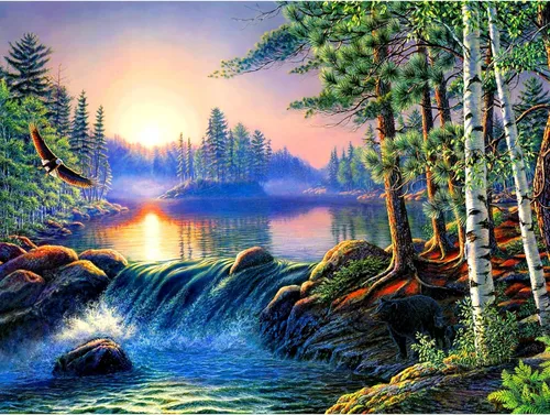 hill froeistung Cascadas 5D, Puesta de Sol, Montaña, Lago, Bosque Kits de Pintura de Arte de Diamantes para Adultos, Paisaje Natural de Taladro HF004