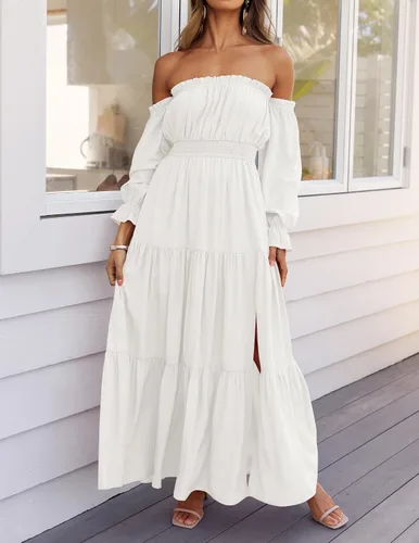 Miniatura 9 de ZESICA - Vestido largo, bohemio y sexy, con hombros descubiertos y manga larga fruncida, con elástico fruncido, cintura alta y abertura lateral