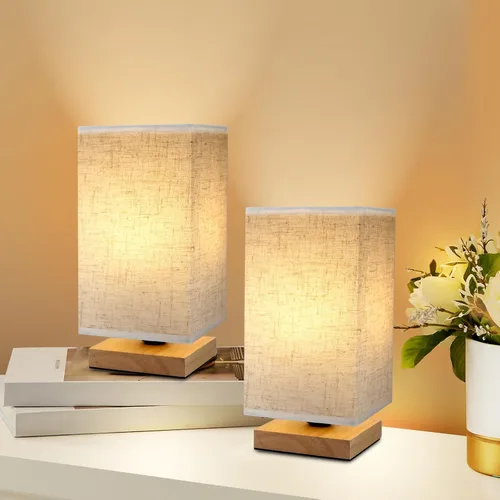 Juego de 2 lámparas de mesita de noche cuadrada pequeña para dormitorio, base de madera minimalista y pantalla redonda de tela, mini lámpara bohemia