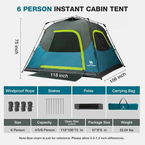 Miniatura 3 de CAMEL CROWN 4/6 Person Instant Cabin Tent, Pop Up Windproof Tents for Camping, 60-Second Setup Family Tent with Carry Bag for Outdoor Hiking Azul