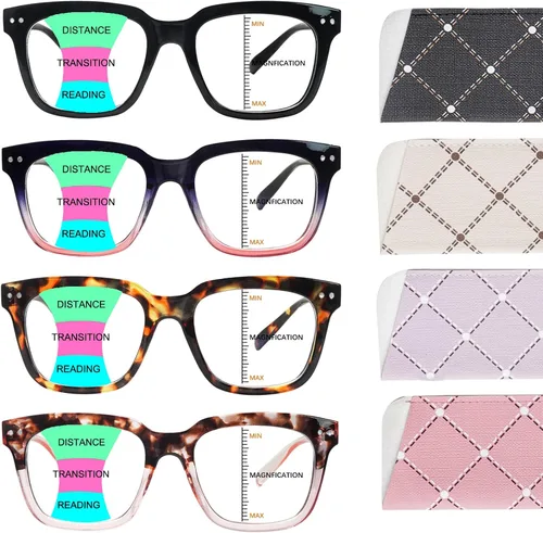 Gafas de lectura progresivas multifocales para mujeres y hombres, paquete de 4, con bisagras de resorte, cuadradas, para computadora, filtros