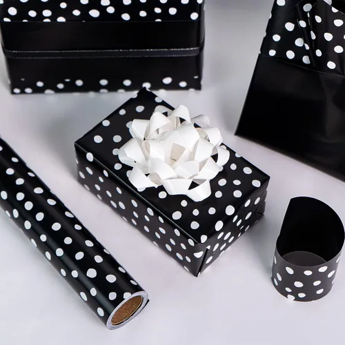 Miniatura 6 de WRAPAHOLIC Papel de regalo reversible, mini rollo, 17 pulgadas x 33 pies, diseño de lunares negros y delicados para cumpleaños, vacaciones, bodas