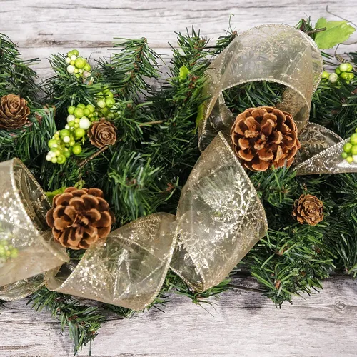 Miniatura 4 de Cinta con alambre de organza con copos de nieve dorados de champán para decoración navideña del hogar, lazo para la parte superior del árbol