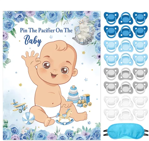 Miniatura 25 de Faccito Pin The Chupete - Juego de baby shower, decoración de fiesta de baby shower, incluye póster grande, 24 calcomanías para chupete, juego