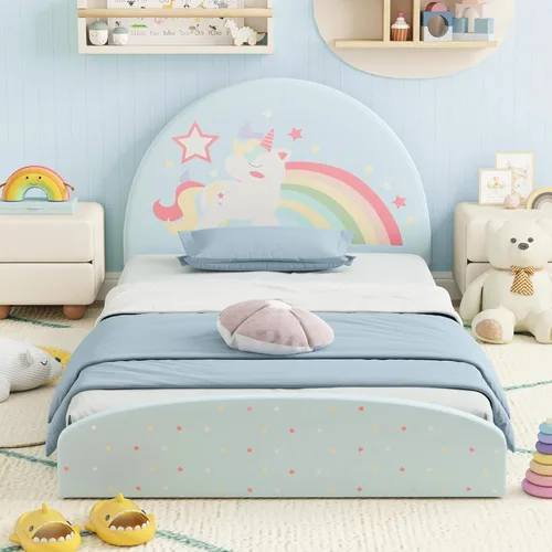 Miniatura 7 de Costzon - Base de cama individual para piso, cama tapizada para niños con alfombra de tela Oxford 210D, soporte central y tablas acolchadas, cama