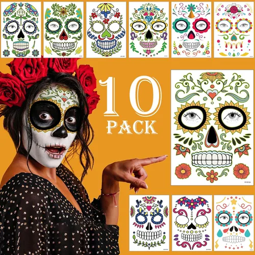 Kit de maquillaje de tatuajes faciales del Día de los Muertos, paquete de 10 tatuajes temporales para Halloween, calavera de azúcar, rosas rojas,