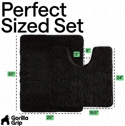 Miniatura 2 de GORILLA GRIP - Juegos de alfombras de baño, juego de 2 alfombras de chenilla suave, alfombra base para inodoro y alfombra de 30 x 20, alfombras Negro