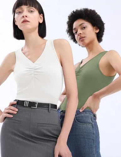 Miniatura 4 de KTILG Paquete de 2 camisetas sin mangas acanaladas para mujer, ajustadas, elásticas, básicas, de verano, casuales, con cuello en V