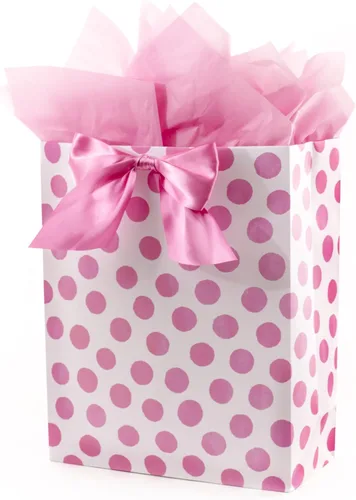 Hallmark Bolsa de regalo extra grande de 15 pulgadas con papel de seda (lunares rosas y lazo) para cumpleaños, Pascua, baby showers, despedidas de