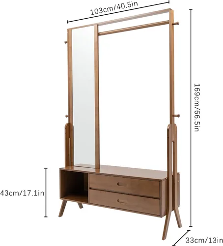 Miniatura 2 de Perchero de bambú con espejo y cajones, colgador de ropa de madera independiente con ganchos, perchero resistente con estantes, organizador