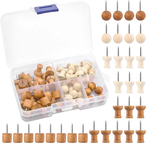 Miniatura 10 de 80 alfileres de empuje para tablero de corcho, tachuelas decorativas para el pulgar de madera, pasadores de cabeza, tachuelas de madera