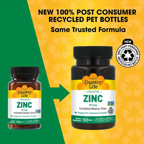 Miniatura 3 de Country Life Zinc 50 mg, quelato de aminoácidos, 100 tabletas, certificado sin gluten, certificado vegano, verificado sin OMG