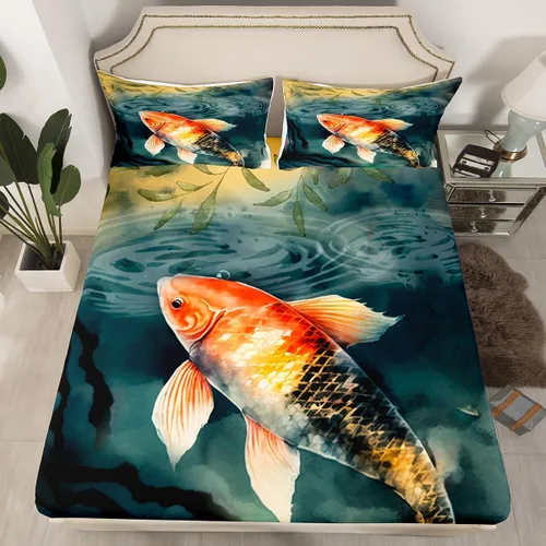 Miniatura 4 de jejeloiu Juego de sábanas Koi de tamaño individual para niños, niñas, adolescentes, decoración de dormitorio, sábanas temáticas oceánicas con sábana