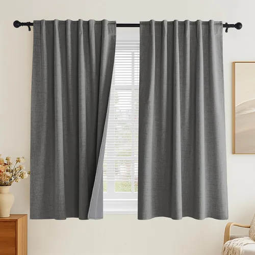 Miniatura 15 de PONY DANCE Cortinas de lino 100% opacas de 63 pulgadas de largo para dormitorio, sala de estar, oscurecimiento completo, bolsillo para barra
