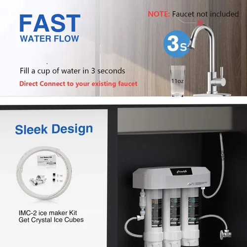 Miniatura 5 de Frizzlife Sistema de filtro de agua para debajo del fregadero, certificado NSF/ANSI 53 y 42 y 372, filtración de agua de 8 capas de 0.5 micrones que