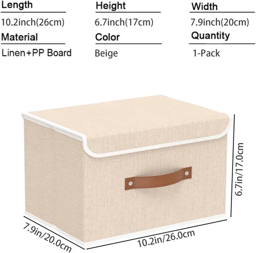 Miniatura 5 de Yawinhe SNK024BEN-1 Cajas de almacenamiento plegables, cestas apilables de tela de lino, contenedor con tapa y asa de cuero, lavable, para el hogar