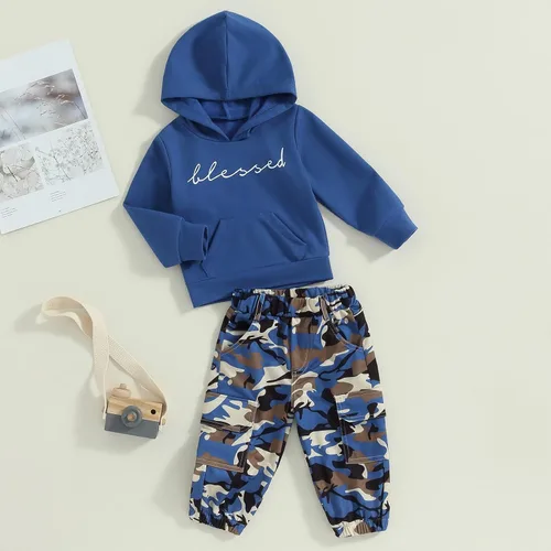 Miniatura 88 de Mandizy Conjunto de ropa de otoño para bebé niña pequeña, sudadera de manga larga con estampado de letras bendecidas, pantalones de camuflaje