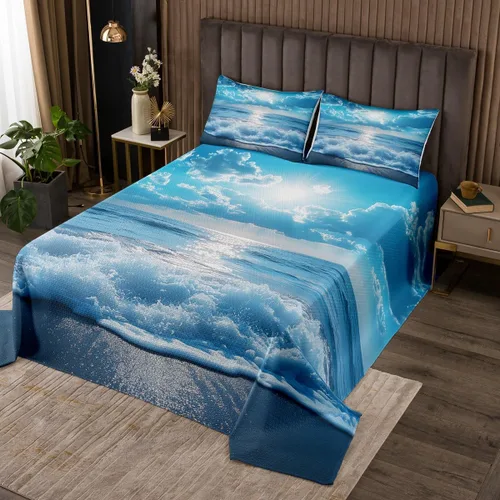 Miniatura 33 de Erosebridal Juego de colcha náutica, juego de edredón de lancha de vela, faro, acuarela con temática oceánica, juego de ropa de cama de verano