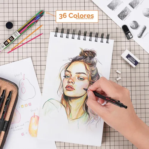 Miniatura 4 de Nicpro - Juego de 20 portaminas metálicos negros en estuche de cuero, lápices de dibujo de 0.01 pulgadas, 0.02 pulgadas, 0.03 pulgadas, 0.035