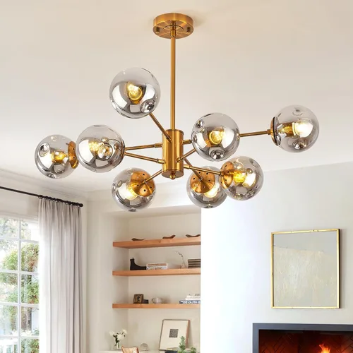Miniatura 13 de DDLLDESHI Lámpara de araña de 6 luces dorada con cubierta esférica de vidrio Sputnik, lámpara de techo de 34" de gran tamaño para comedor, lámparas