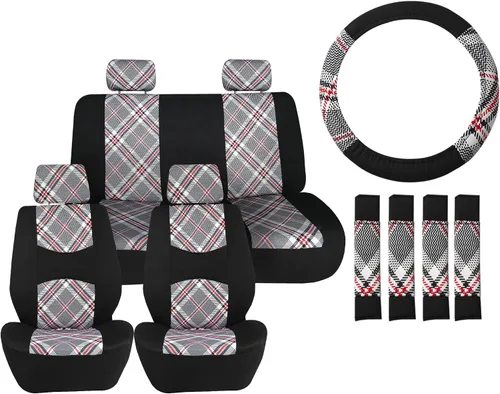 TLH Fundas universales para asientos de automóvil Tartan57 estampado a cuadros beige, juego completo de fundas para asientos en tela plana,