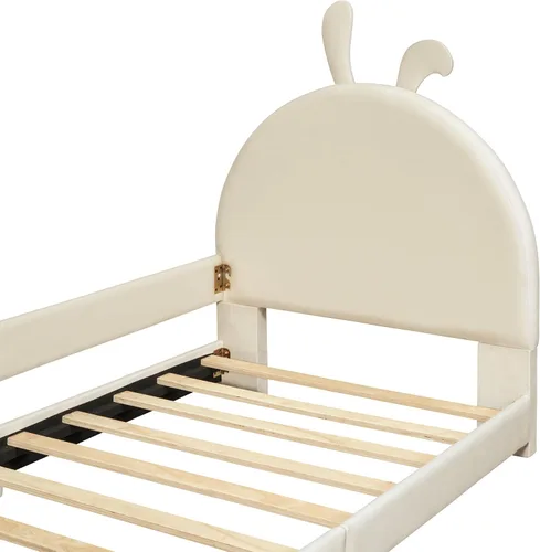 Miniatura 5 de Sofá cama de terciopelo de tamaño individual con cabecera en forma de oreja de conejo, marcos de cama de plataforma individual para niños y niñas