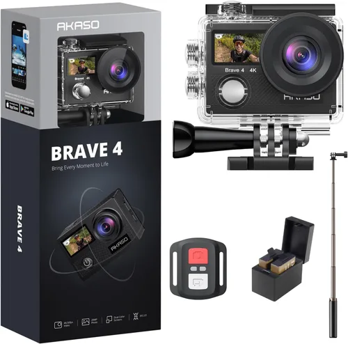 AKASO Brave 4 4K30fps 20MP Cámara de acción WiFi con EIS 131ft Cámara impermeable con 2 baterías y accesorios para casco de bicicleta con trípode