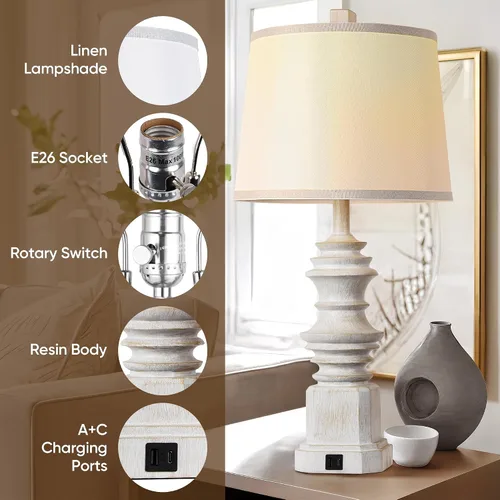 Miniatura 4 de QiMH - Juego de 2 lámparas de mesa para mesita de noche, lámpara de noche con dos puertos de carga USB, lámparas de mesa de decoración de granja