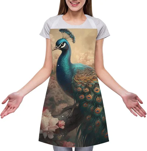 Miniatura 3 de MUSM Apron for Adults - 27.6 X 31.5 Inch, Heavy-Duty Polyester Aprons with Two Large Pockets, Waterproof Oriental Peacock Pattern Kitchen Apron for
