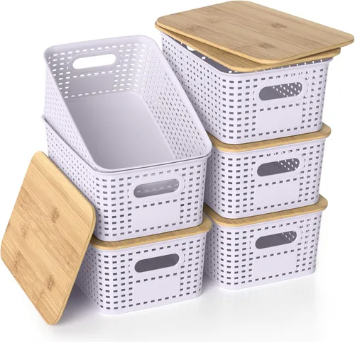 Miniatura 8 de Cestas de almacenamiento de plástico con tapas de bambú, contenedores pequeños apilables para organización y contenedores para estantes, cajones
