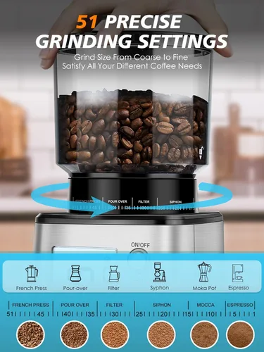 Miniatura 5 de Homtone Molinillo de café expreso con rebabas cónicas – Molinillo de frijoles eléctrico continuo de 2.008 in con ajustes de molienda, temporizador