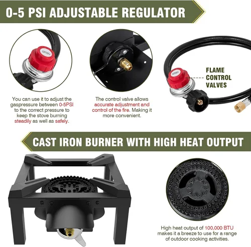 Miniatura 2 de BESTFIRE Quemador de propano, estufa de propano individual de alta presión de 100,000 BTU con manguera ajustable de 4.1 pies con regulador, estufa