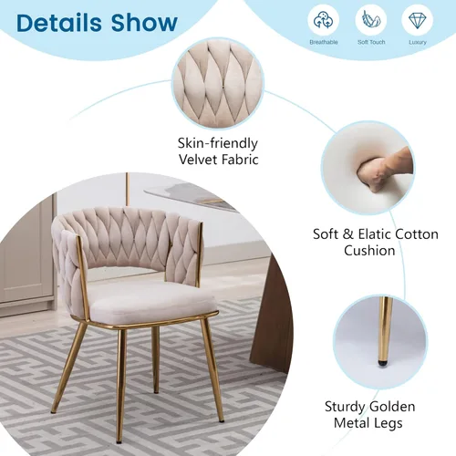 Miniatura 5 de KCC Juego de 2 sillas de comedor modernas de terciopelo, sillas tapizadas para sala de estar con respaldo tejido y patas de metal dorado, silla