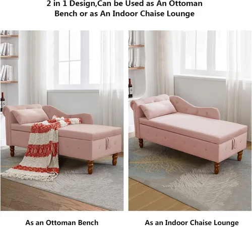 Miniatura 6 de Aoowow Banco de almacenamiento de terciopelo rosa para dormitorio, extremo de la cama, sofá con brazo enrollado, tumbona para interiores con Rosa 58
