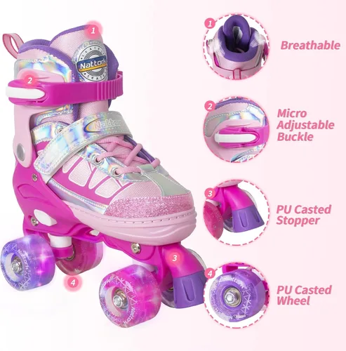 Miniatura 3 de Nattork Patines de ruedas para niños y niñas, 4 tamaños ajustables con ruedas iluminadas para niños principiantes para interiores y exteriores Rojo