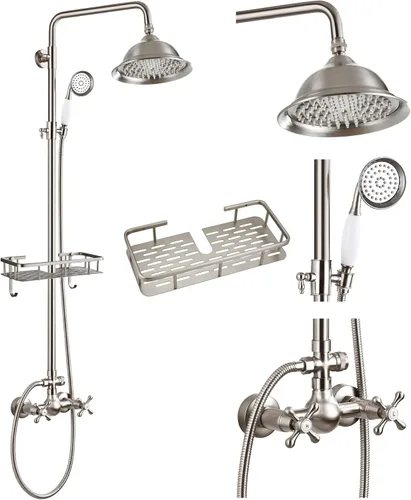 Miniatura 15 de gotonovo - Juego de grifo de ducha de níquel cepillado 8 pulgadas, cabezal de ducha de lluvia para baño, sistema de ducha de pared, doble mango