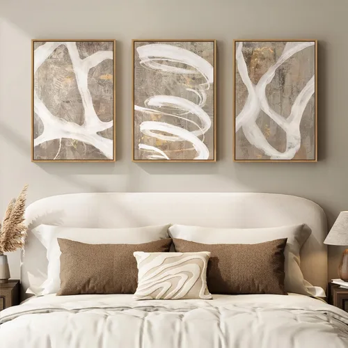 Miniatura 32 de Arte de pared abstracto neutro con marco grande para sala de estar, 3 piezas, impresiones modernas en lienzo para paredes, cuadros negros y beige