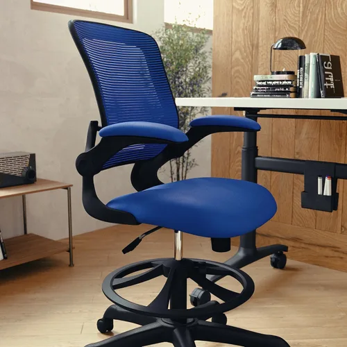 Miniatura 7 de Flash Furniture Kale Silla de dibujo ergonómica de malla azul con respaldo medio Anillo de pie ajustable, brazos abatibles