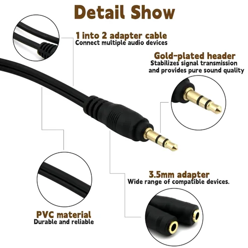 Miniatura 5 de Paquete de 2 conectores de adaptador de cable divisor estéreo de 0.138 in, macho de 0.138 in a 2 hembras, para conectar altavoces externos o usar